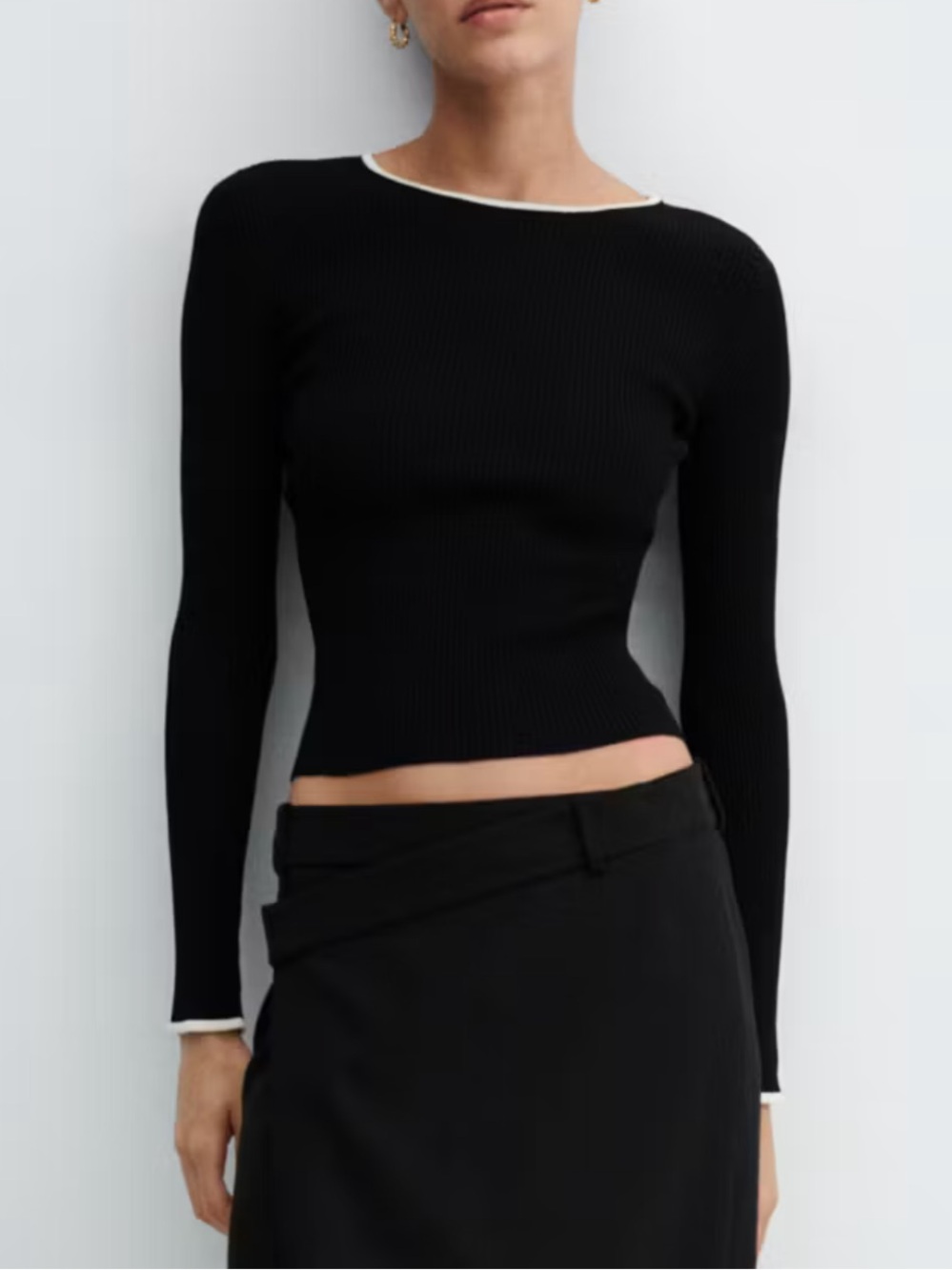 Mango Contrast Trim Sweater in Black and Ecru